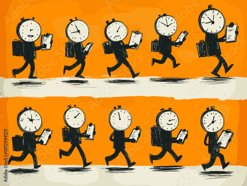 Time in Motion: This illustrative art captures the essence of deadlines with clock-headed figures in a race against time, each showing unique emotions.