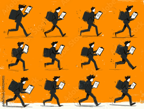 Delivery Sprint: A fast-paced illustration of a delivery person in motion, highlighting speed and efficiency with a repetitive pattern against a vibrant backdrop.