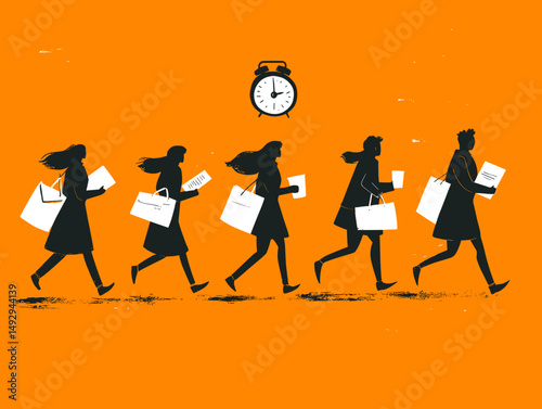 Retail Rush: Dynamic silhouettes of individuals, laden with shopping bags and papers, hurry against a vibrant orange backdrop, an alarm clock overhead adds a sense of urgency to the illustration.