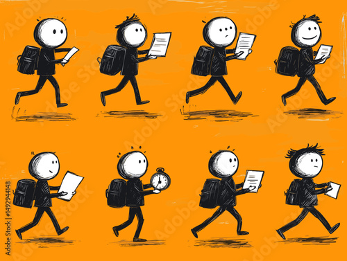 "The Road of Education: Cartoon depiction of a person with a backpack, clutching papers while in motion, evoking themes of student life and the pursuit of knowledge on an orange background.