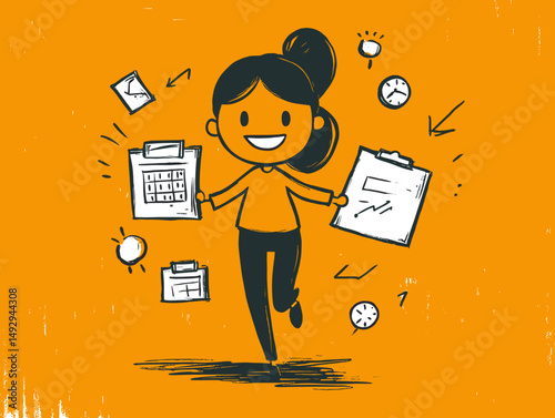 Busy Bee's Juggling Act: A cheerful figure navigates multiple tasks with a smile, managing tasks and ideas around her in a dynamic cartoon.