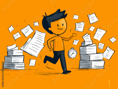 Busy Person: A cheerful cartoon illustration of a person running amidst a flurry of papers, symbolizing a busy schedule and the pressure of deadlines.