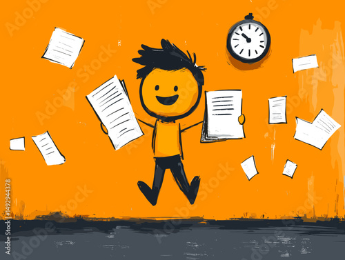 Overflow of Documents: A dynamic illustration captures a joyful character surrounded by documents and a ticking clock, symbolizing an overwhelming workload with time running out. 