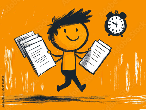 Deadline Dash: An illustrated character personifies the relentless pace of work, racing against a ticking clock, papers clutched in hand, to meet an important deadline.