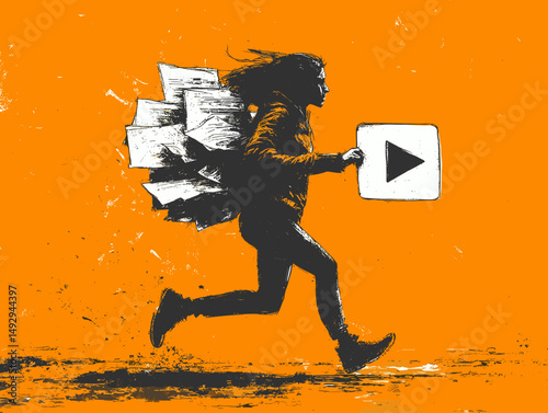 Content Rush: A determined individual races forward, shouldering a bundle of documents and clutching a symbol representing play. The energetic scene on an orange canvas symbolizes speed, effort.