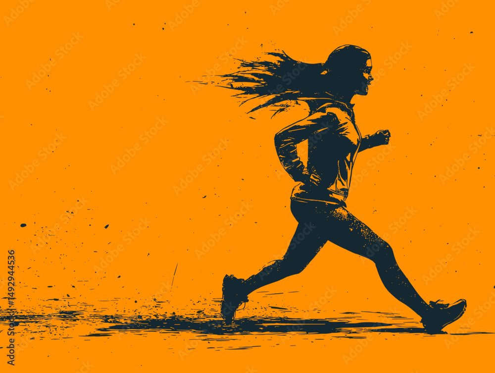 Naklejka premium Dynamic Runner Silhouette: Capturing the essence of motion, this image portrays a determined runner in silhouette against a vibrant orange backdrop. This bold composition.