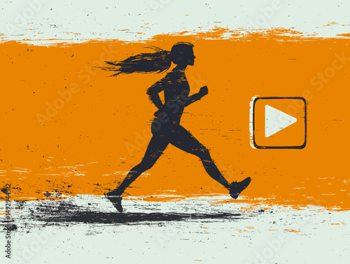 Energetic Run Silhouette: A dynamic silhouette of a female runner bursts forward against a vibrant backdrop, symbolizing movement and determination. The design captures energy and action. 