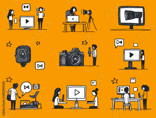 Media creation and Production: A visual compilation showcasing the journey of media production from conceptualization to final execution in a hand-drawn style.