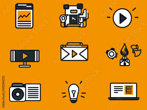 Content Marketing Icons Set:  This set of bold and engaging icons represents the key elements of content marketing: strategy, creation, promotion, analysis, and measurement.  Perfect for web design.