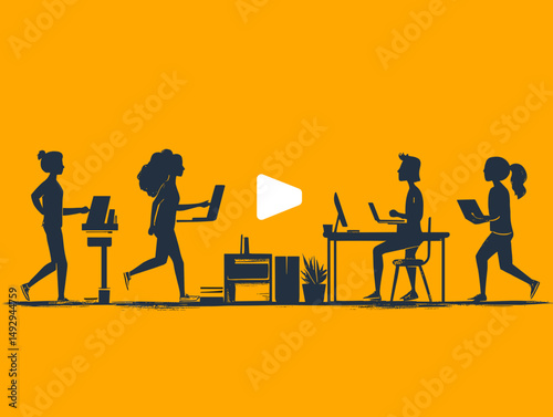 Team Productivity in the Workplace: Energetic figures engaged in work tasks, depicting a collaborative and efficient workspace environment.