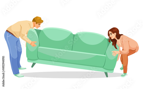 Man and woman lifting green sofa, cartoon art style, white background, concept of teamwork and moving home. Vector illustration