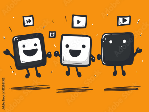 Digital Joyful Trio: A vibrant illustration captures the essence of animation or video content, featuring three smiling squares against an orange backdrop, radiating positivity and dynamism.
