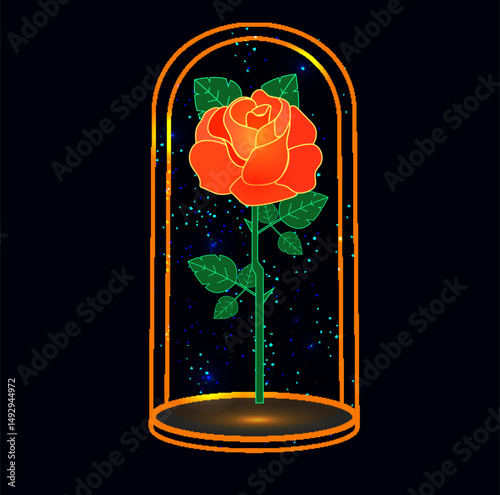 Stylized vector image of a rose under a glass dome. A magical cartoon flower with falling petals, a fabulous artifact, a set of witches.
