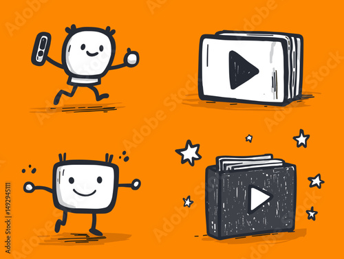Digital Content: Doodle art style showcasing digital content. Simple vector illustrations. Perfect for marketing, presentations, and visual communication. 