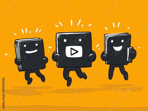 Cheerful media cartoon: A whimsical illustration of three animated media character, radiating joy as they prance across an appealing golden backdrop, each one carrying its own unique play symbol.