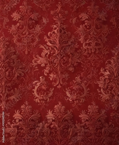 Deep crimson damask wallpaper, ornate scrolls & flourishes , floral, classic, home