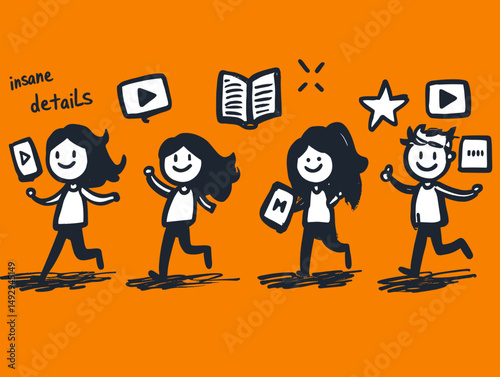 Joyful Doodle Characters: Four energetic doodle characters celebrate, each holding different media icons, radiating joy and enthusiasm.