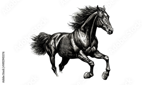 Engraved Wild Stallion Running, Hand-drawn Horse Illustration, Vintage Animal Print, Rustic Farm Decor, Black Sketch Effect, Detailed Nature Drawing, Old Engraving Style