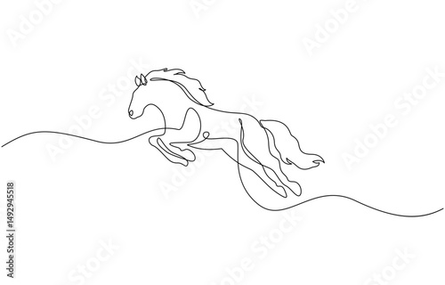 Continuous line drawing jumper of horse, Single continuous line drawing of jumping elegant horse company logo identity. Strong mustang mammal animal icon concept.