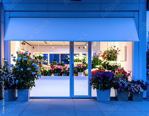 Charming floral shop display with colorful blooms at dusk