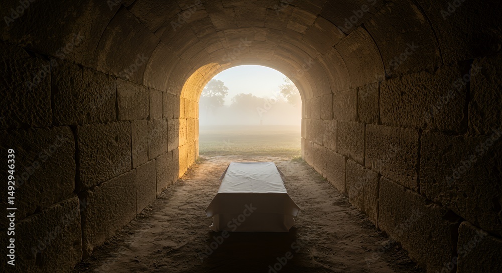 Fototapeta premium Stone tunnel with table and fog