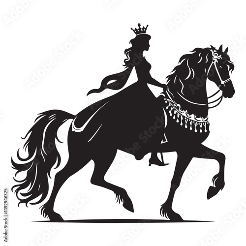 silhouette of a princess riding a horse, editable vector image