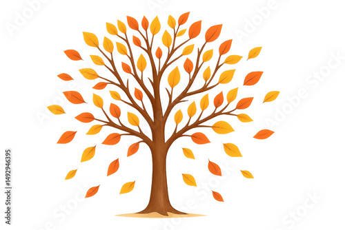 Stylized autumn tree shedding orange and yellow leaves on a transparent background, ideal for fall-themed designs