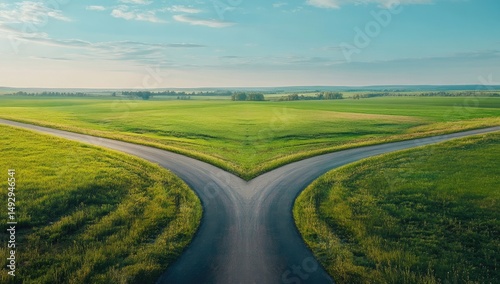 A forked road amidst a vibrant green field under a serene sky