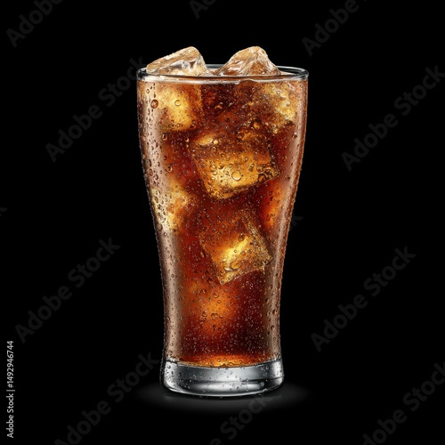 Refreshing cola drink with ice cubes in a tall glass studio shot against black background showing condensation droplets