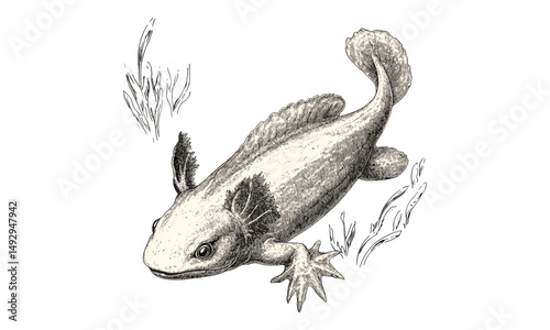 Vintage Axolotl Swimming, Monochrome Amphibian Sketch, Trendy Retro Nature Illustration, Antique Etching Art, Black Aquatic Creature, Hand-drawn Nature Drawing