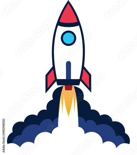 "Rocket ship launching upwards, outlined in clean black lines, minimal style."
