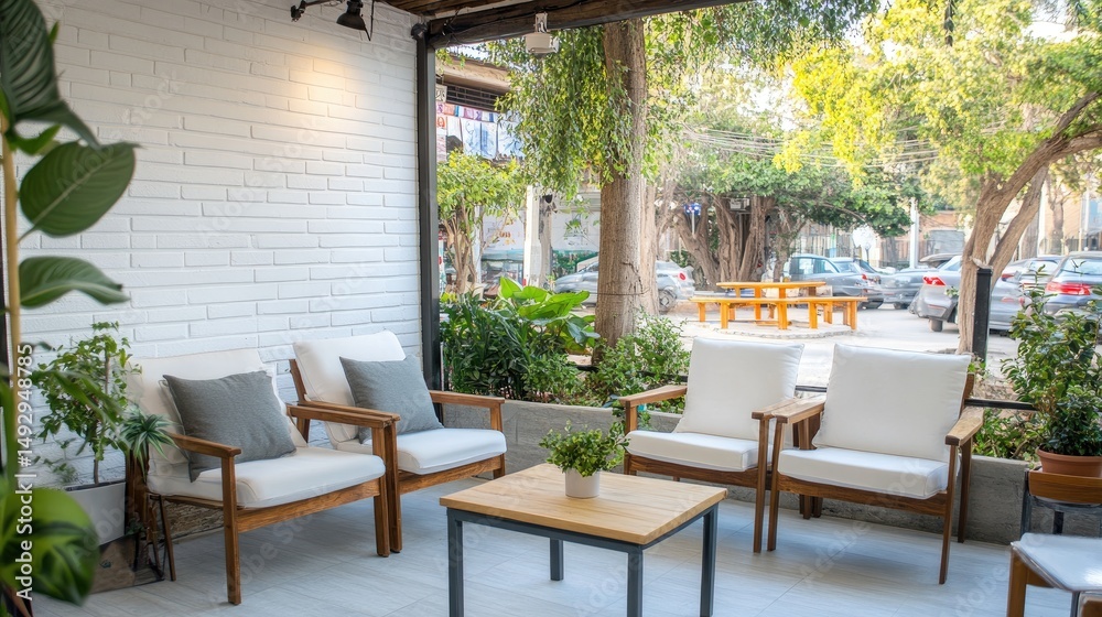 Fototapeta premium Outdoor patio seating area with plants