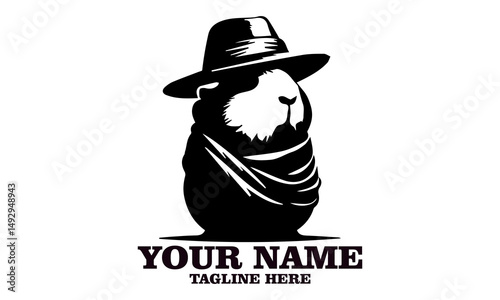 Stylized guinea pig in trench coat and fedora hat appearing like a mysterious noir detective. Animal humor concept, guinea pig vector illustration, guinea pig logo icon
