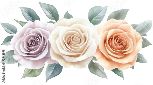 Elegant Trio of Watercolor Roses on PNG Transparent Background Floral Display