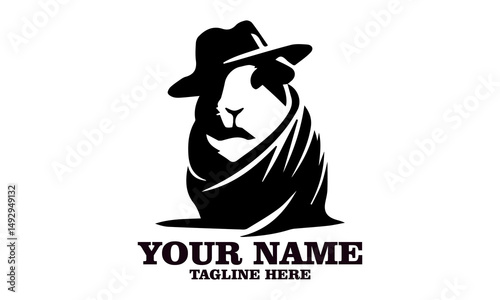 Stylized guinea pig in trench coat and fedora hat appearing like a mysterious noir detective. Animal humor concept, guinea pig vector illustration, guinea pig logo icon