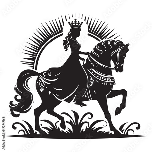 silhouette of a princess riding a horse, editable vector image