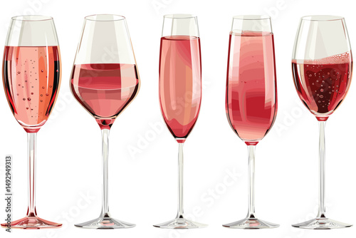 Glasses with different wine in a row, isolated on white background.