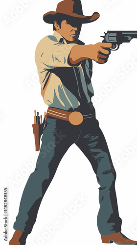Retro cowboy aiming revolver gun in dynamic shooting pose vintage western style male character vector illustration