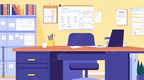 Minimalist office desk workspace with laptop, documents, calendar, filing cabinet, and stationery in flat vector style for finance and business concept