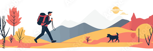 Backpacker hiking with dog in autumn landscape mountain trail minimalist flat vector nature adventure outdoor activity silhouette walk friendship concept
