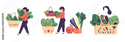 Person carrying basket with fresh vegetables walking, placing organic produce in shopping basket, healthy eating and grocery shopping concept vector illustration
