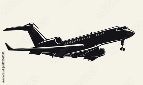 Black silhouette of a modern commercial airplane flying with extended landing gear against a plain light background vector illustration