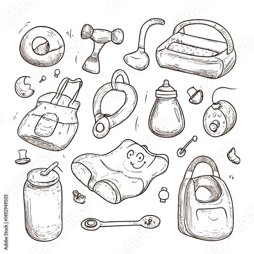 Hand drawn baby shower items set with toys, rattle, baby bottles, bib, pacifier, diaper bag, feeding spoon, and baby accessories in doodle sketch style vector illustration