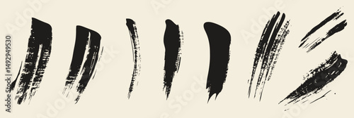 Set of black ink brush strokes and paintbrush marks in minimalist flat style for artistic design and grunge texture backgrounds, vector illustration