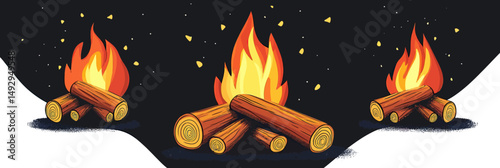 Three campfires with logs burning orange and yellow flames glowing at night flat minimalist vector illustration with dark background shadows and sparks flying