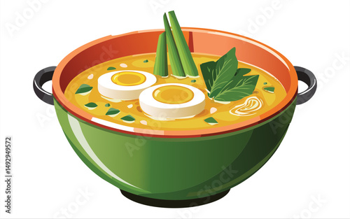 Lemongrass Egg Soup in Green Bowl - Vector Illustration