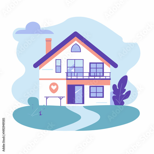 Minimalist modern house facade with heart symbol outdoor medical clinic home health care concept in flat vector style illustration