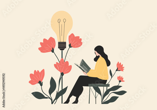 Woman reading book seated on chair surrounded by blooming flowers with large glowing lightbulb symbolizing ideas growth and creativity in minimalist style vector illustration