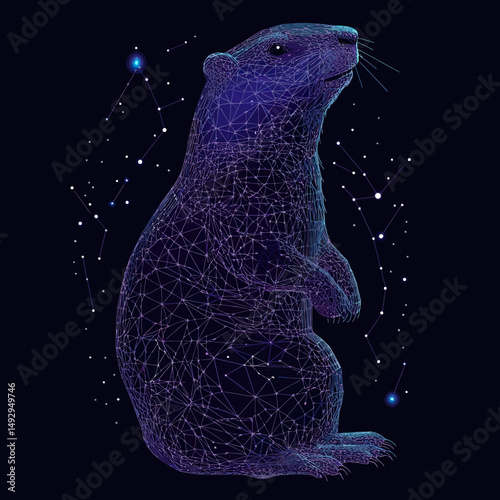 Wireframe groundhog constellation digital illustration glowing blue polygonal marmot with starry night background abstract technology design animal vector art