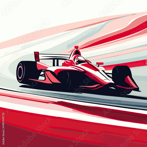Red and white Indycar racing vehicle speeding on curved racetrack with dynamic motion lines in flat minimalist vector style illustration